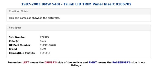 1997-2003 BMW 540I - Trunk LID TRIM Panel Insert 8186782 - Picture 5 of 6