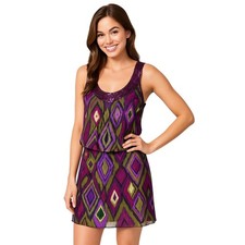 Kitty Sexy Classy Purple Green Diamond Print Dress Sequin Neckline Sleeveless M