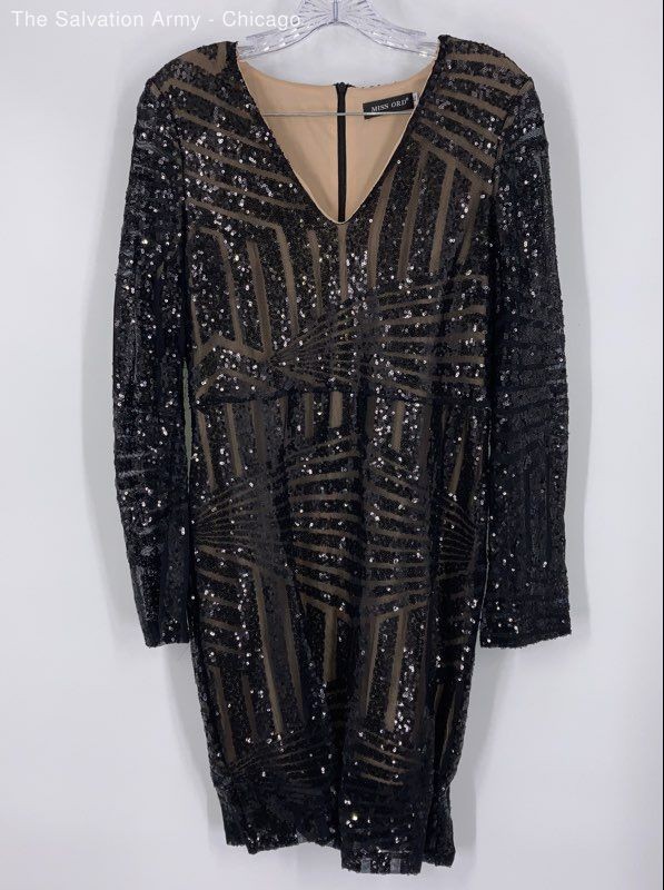Miss Ord Womens Black V-Neck Long Sleeve Sequin Short Mini Dress Size XL