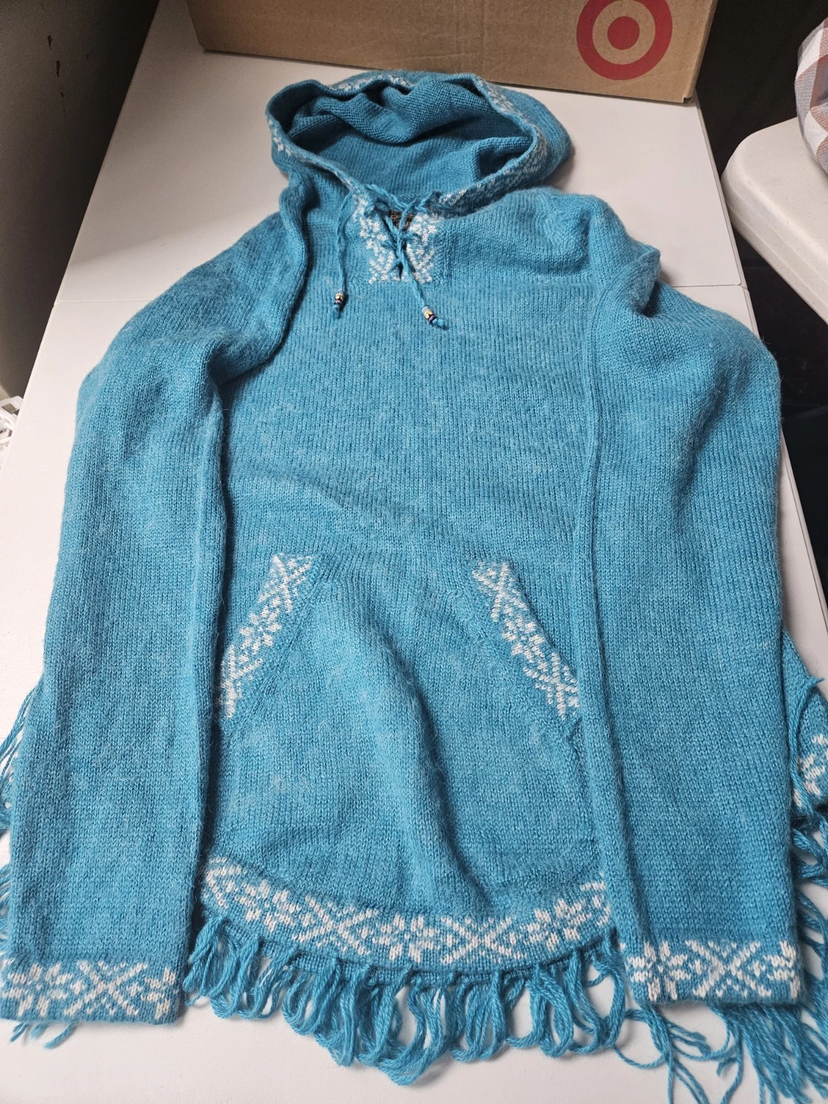 The Alpaca Connection Handmade Peru Teal Alpaca Acrylic Blend Poncho Hoodie Xl