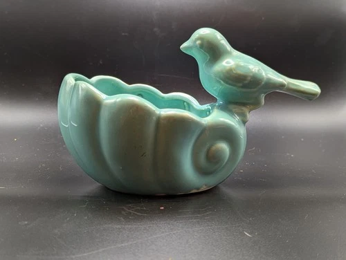 Vintage Shawnee Pottery Bird on Snail Shell Planter Aqua Blue USA Art Pottery