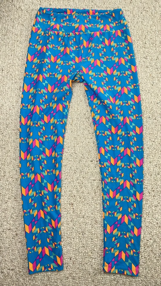 Lula Roe 女式打底裤均码蓝色霓虹几何图案中腰弹力活动 — 第 2/4 张图片