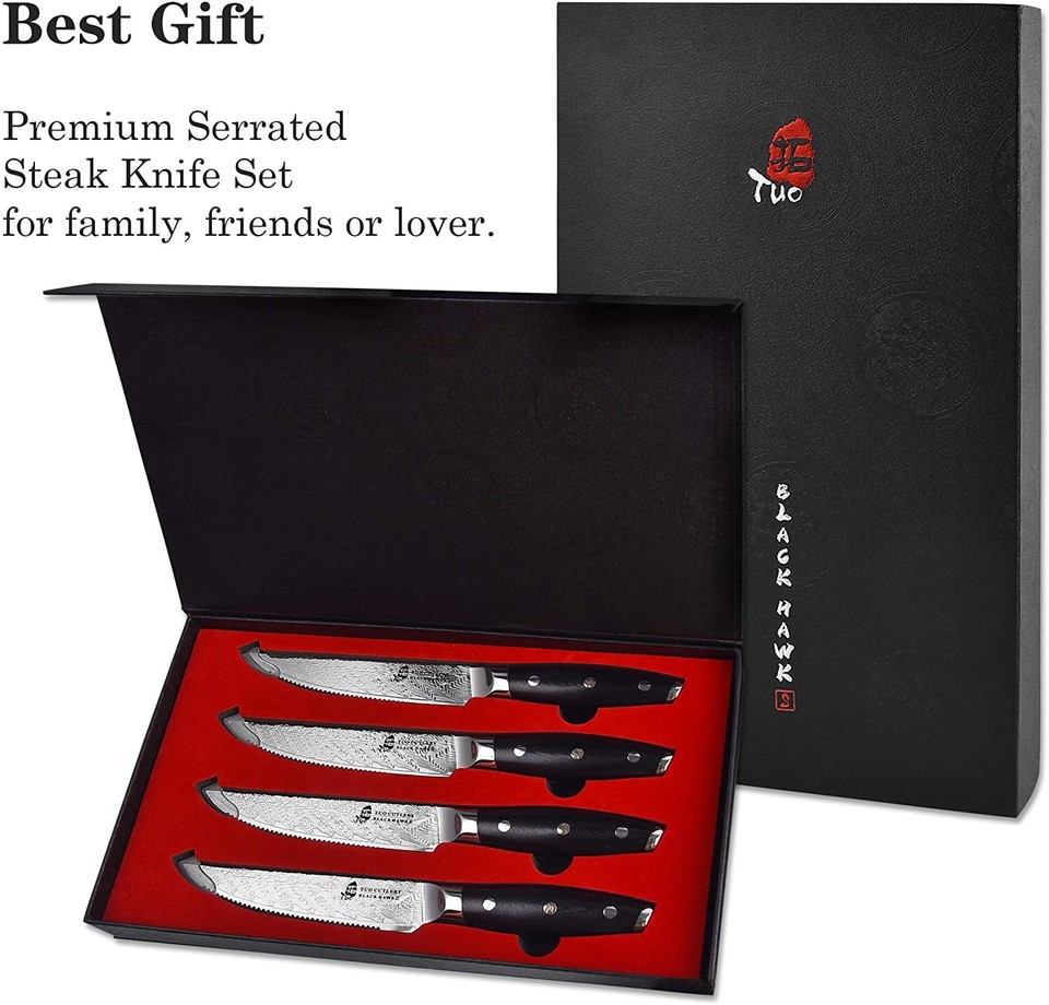 TUO Serrated Steak Set 5'' Professional Kitchen Steak Knives Set of 4