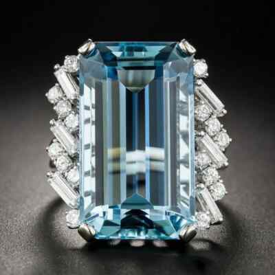 Transparent Blue Aquamarine & White Cubic Zirconia Prong Set Engagement Ring