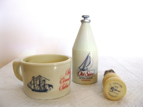 Old Spice Mug, Empty Bottle, Rubberset 103 Sterilized Brush Vintage Shaving Set