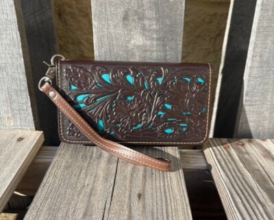 Coffee Brown Leather Phone Case Wristlet Wallet with Turquoise Inlay