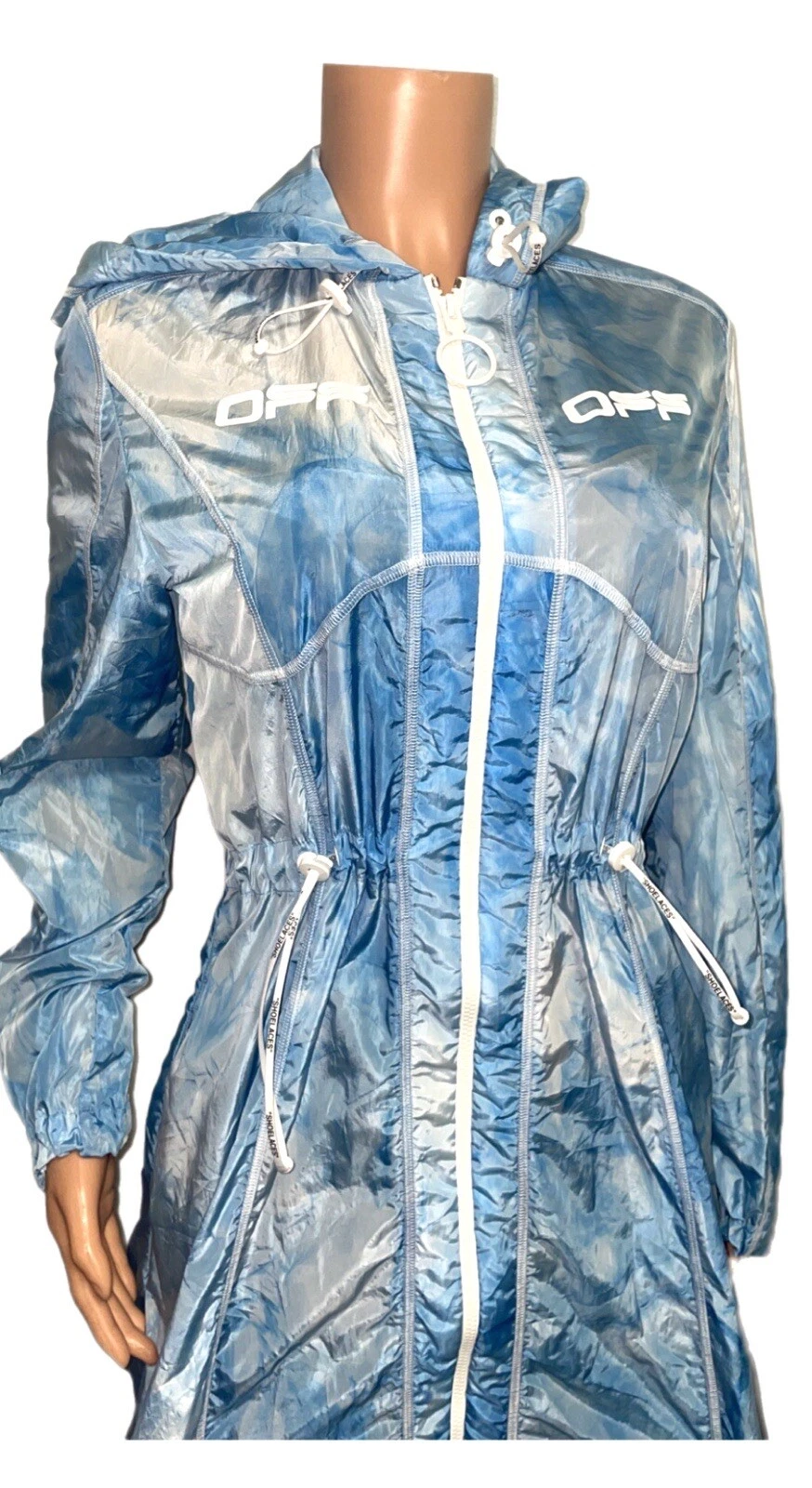 OFF WHITE Giacca impermeabile giacca antipioggia lungo cravatta blu tintura lunga 40 Kylie Techno