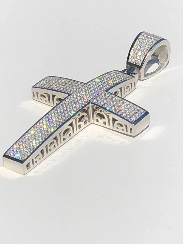 "Colgante Hip Hop Cruz Grande Plata 925 Sólida Real 3ct Diamantes Simulados 2x1.5""" Foto 3 de 4
