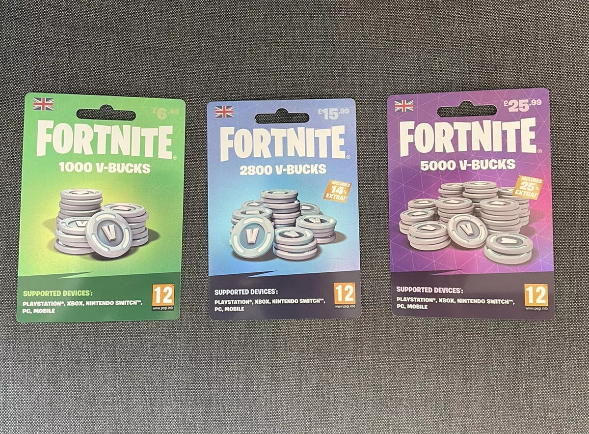 FORTNITE 1000 & 2800 & 5000 V-Bucks 3 x CARD UK Edition (NO V-BUCKS)