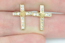14K Yellow or White Gold Heart CZ Cross Earrings