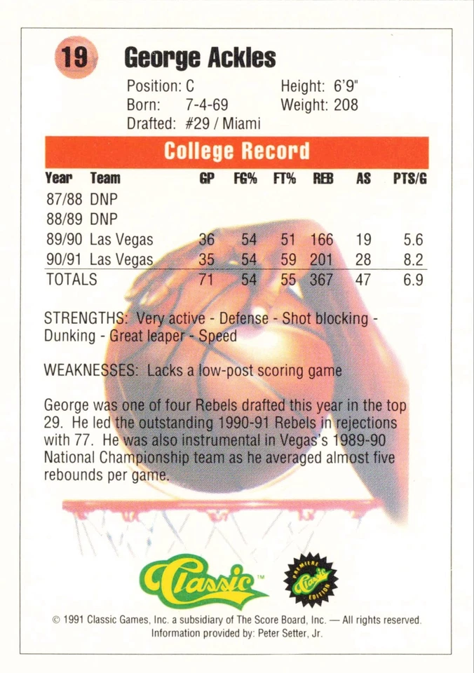 GEORGE ACKLES 1991 Classic Draft Picks #19 Las Vegas Miami Basketball Card - Image 2 of 2