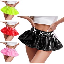 UK Womens Patent Leather Pleated Skirt Lace-up Miniskirt Flared Skirt Clubwear