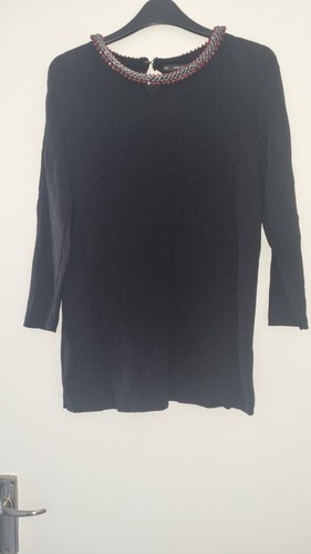 Zara Black Jumper Top Sweater Chain Beaded Embellished Collar Fine Knit L LARGE - Picture 4 of 11