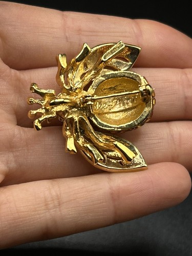 Bee Alive Signed Gold Plated Fly Shaped Orange White Rhinestones Brooch Pin - 第 10/14 張圖片