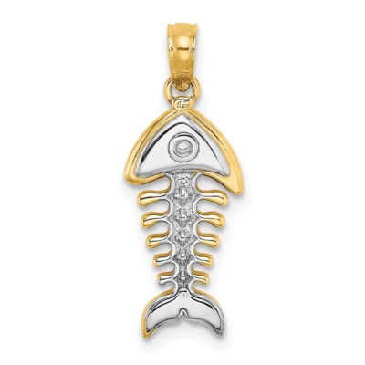 14k Yellow Gold w/Rhodium 3-D Fishbone Charm Pendant Gift for Women