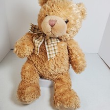 Gund Plush Light Gold-Brown Shaggy Fur Teddy Bear with Plaid Bow 16" 45455
