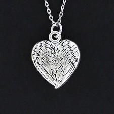 ANGEL WING Heart Necklace - Pewter Charm on Adjustable Chain Love Feathers Gift