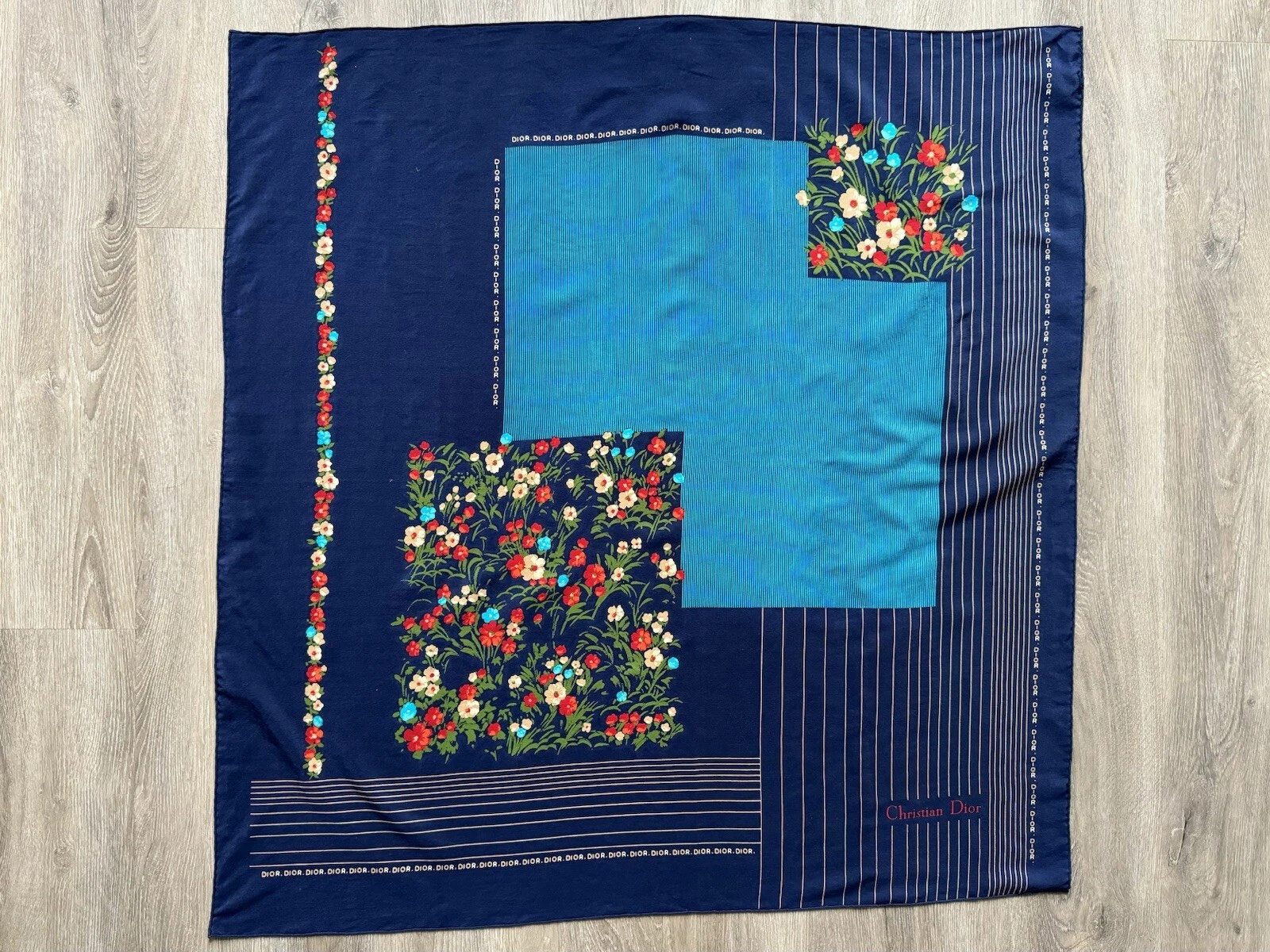 Christian Dior écharpes foulard soie fleurs bleu floral vintage AUTH