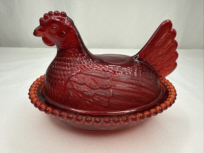 Vintage Indiana Glass Ruby Red Flashed Hen On Nest Dish (Read Description)