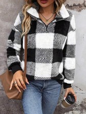 Women's Plaid Print Half Zip Drop Shoulder Fuzzy Sweatshirt, Casual Long Sleeve