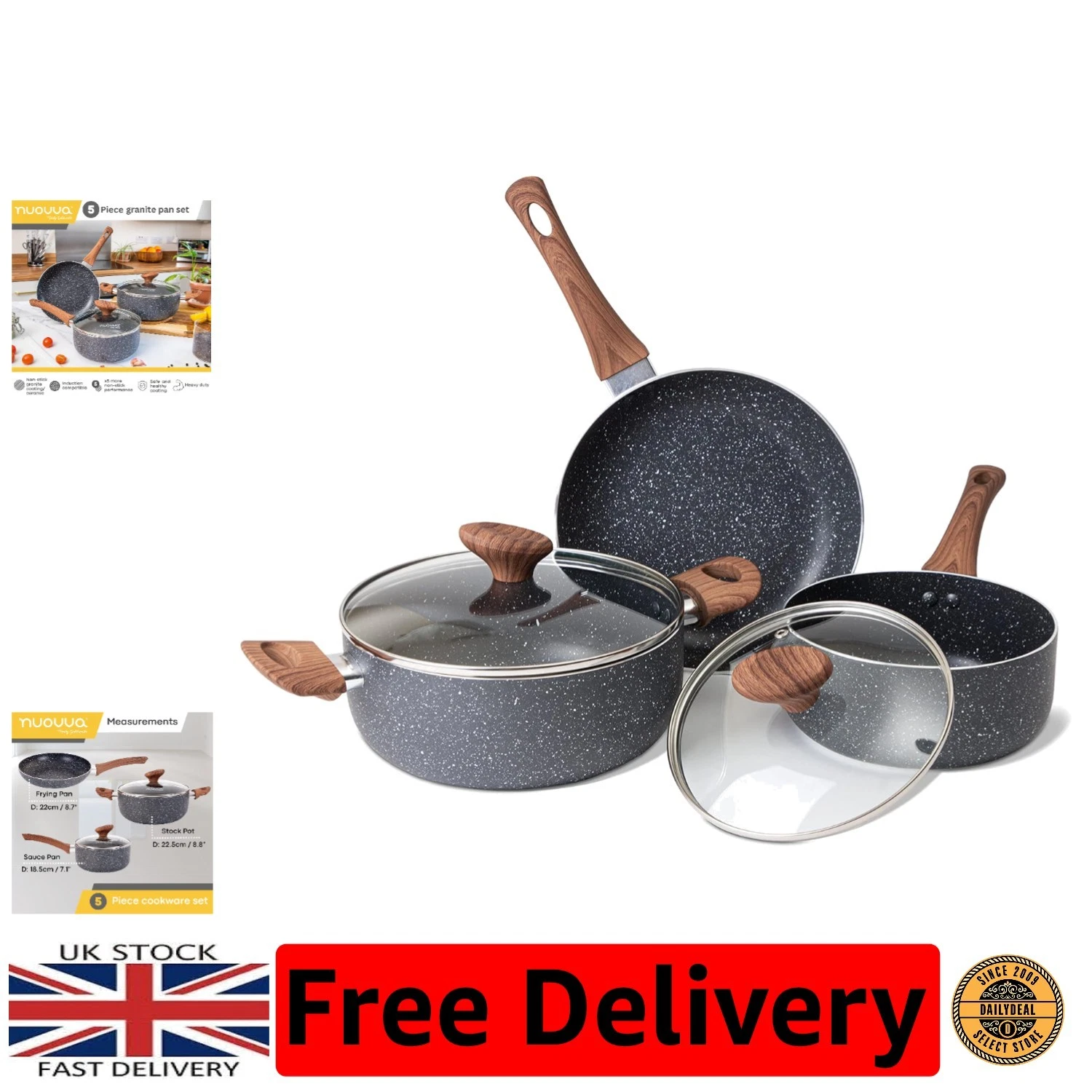 Elegant 5-Piece Cookware Set – Non-Stick Marble Pots for Induction & Gas Cooking