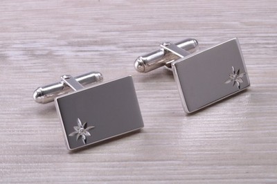 Diamond Set Gentleman's Cufflinks in 14K White Gold Over with Swivel Back Fit