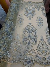 Sequin Lace Fabric Blue Silver Embroidered Tulle Bridal Evening Dress