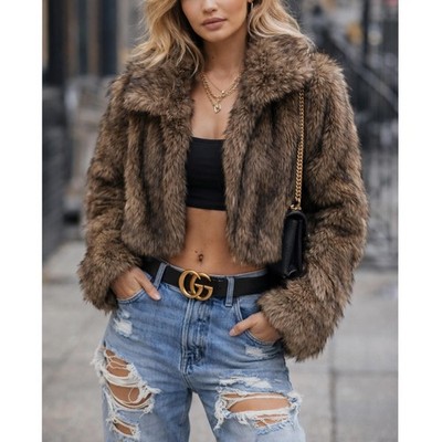 NWT Luxury Sz S Brown Cropped Faux Fur Coat Chic IT Girl Street Style Glam Vibe