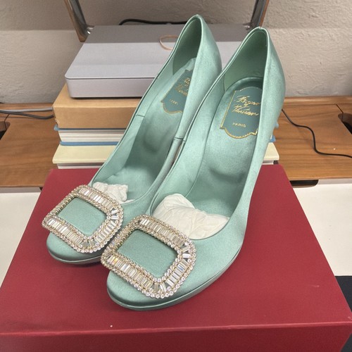 Roger Vivier Teal Satin Heels Size 38.5 With Box