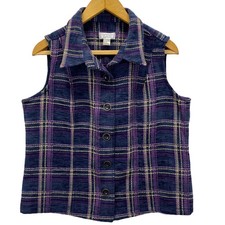 Christopher  Banks Womens Plaid Button Front Sleeveless Vest Top L Navy Purple