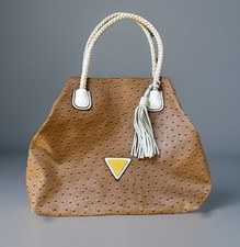 GUESS Los Angeles 1981 Y2K Faux Ostrich Tote Bag Brown Braided Handles Tassel