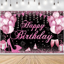 Happy Birthday Banner - Birthday Decorations for Women Girls Pink Birthday Party