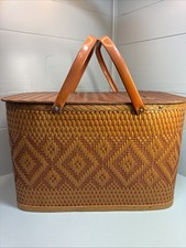 Vintage Red-Man Wicker Picnic Basket With Metal Handles Made In USA 1940s-1950s