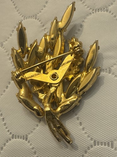 Vtg Brooch Black Ice Navette Rhinestone Flower Spray Gold Enamel Prong Set 2” - Picture 2 of 2