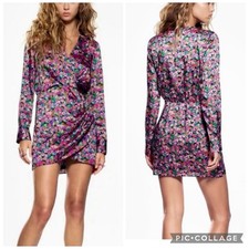Zara Dress Satin Floral Mini Ruched Purple Green Pink M Cocktail Chic