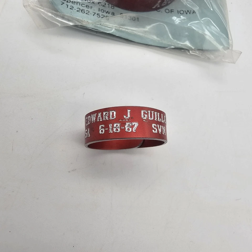 Pow Mia Red Metal Bracelet & Ring SGM Edward J Guillory 6-18-67 Vietnam  - Image 2 of 4