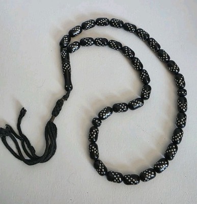Antique Black Coral Yusr 33 Islamic Prayer Beads Misbah Tasbih Inlaid Silver 925