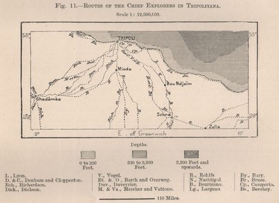 Routes of the chief explorers in Tripolitana. Libya 1885 old antique map chart