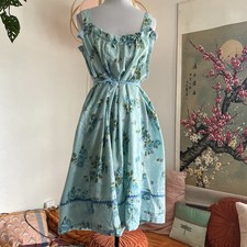 Vintage Style Handmade Midi Dress Light Blue Roses Ric-Rac Border Sleeveless 4XL