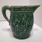 McCoy Green Glazed Stonewear Pitcher Embossed Lily Pads & Fish Shaped Handle