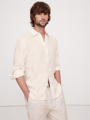 BANANA REPUBLIC Standard Fit Textured Stripe Linen Shirt | Cream White XL