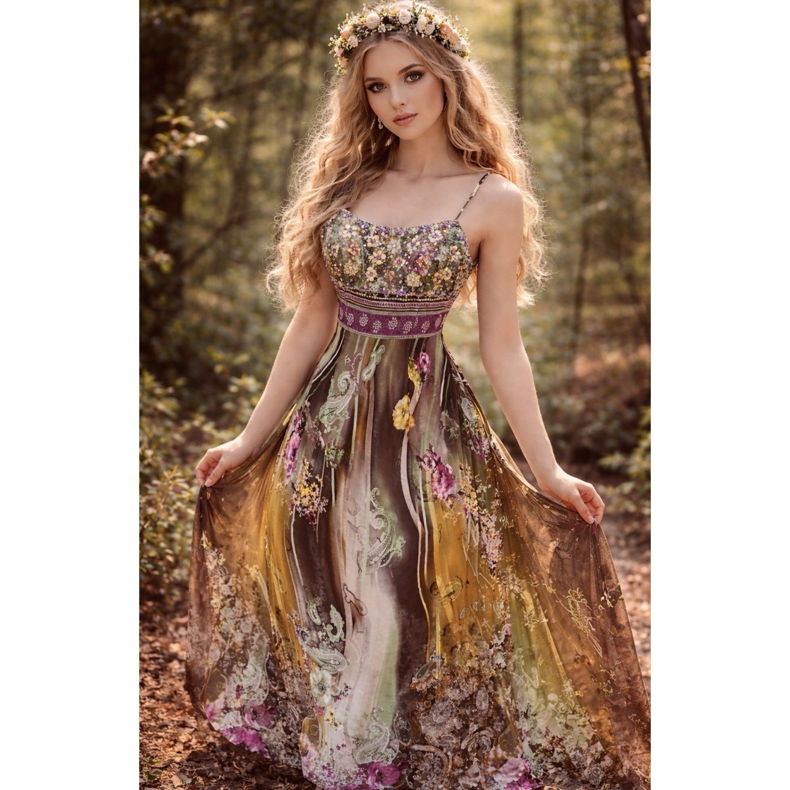 Maxi Vestido Riva Boutique Para Mujer 12 Marrón Caprichoso Cuentas Floral Paisley Seda-Look