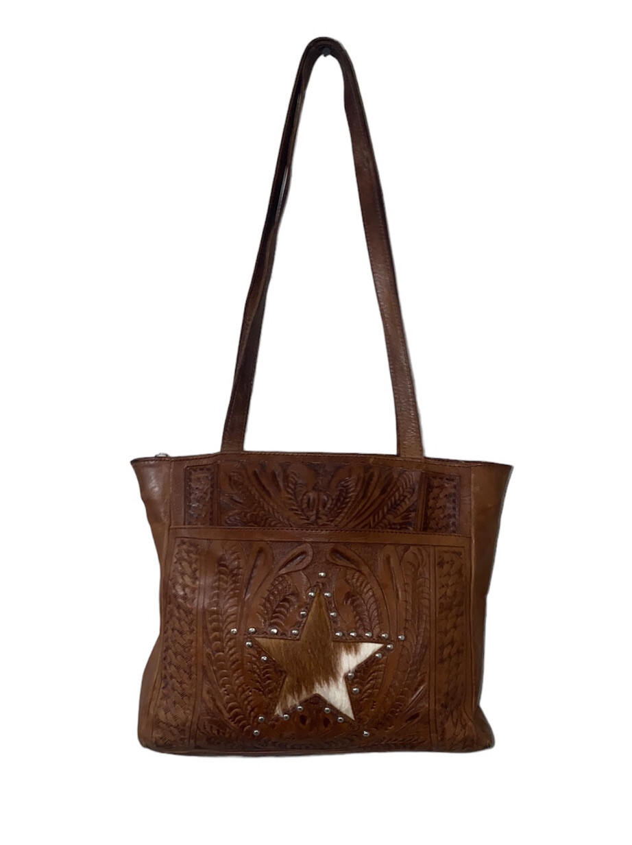 PONY Borsa a tracolla Texian Leathers pelle lavorata borchie pelliccia di cavallo borsa marrone