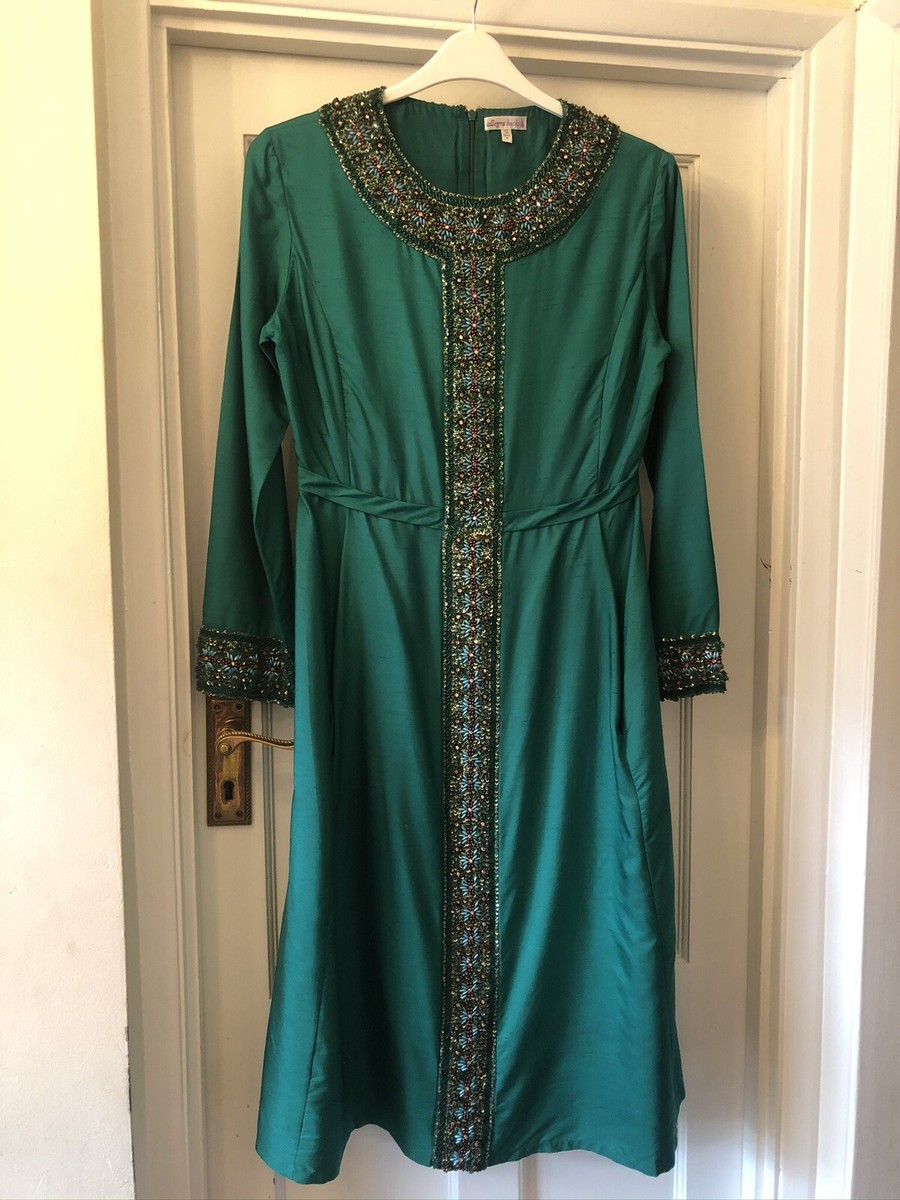 New ALLEGRA HICKS Green 100% Silk Dress With Multicoloured Bead Trim,UK 12