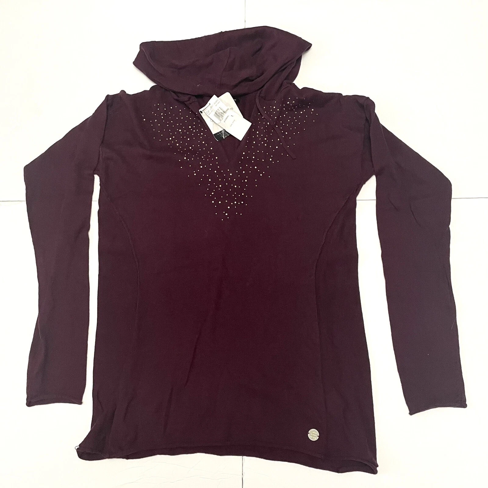 NWT Calvin Klein Women's Knit Hoodie Old Wine V Neck Long Sleeve Pocket Sz L
