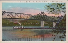 Postcard Russell-Ironton Bridge near Ashland Kentucky Ohio River Steamer -A108
