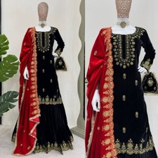 Woman Bollywood Style 3 Pc Velvet Kurti Sharara,Pakistani Wedding Look Suit Set