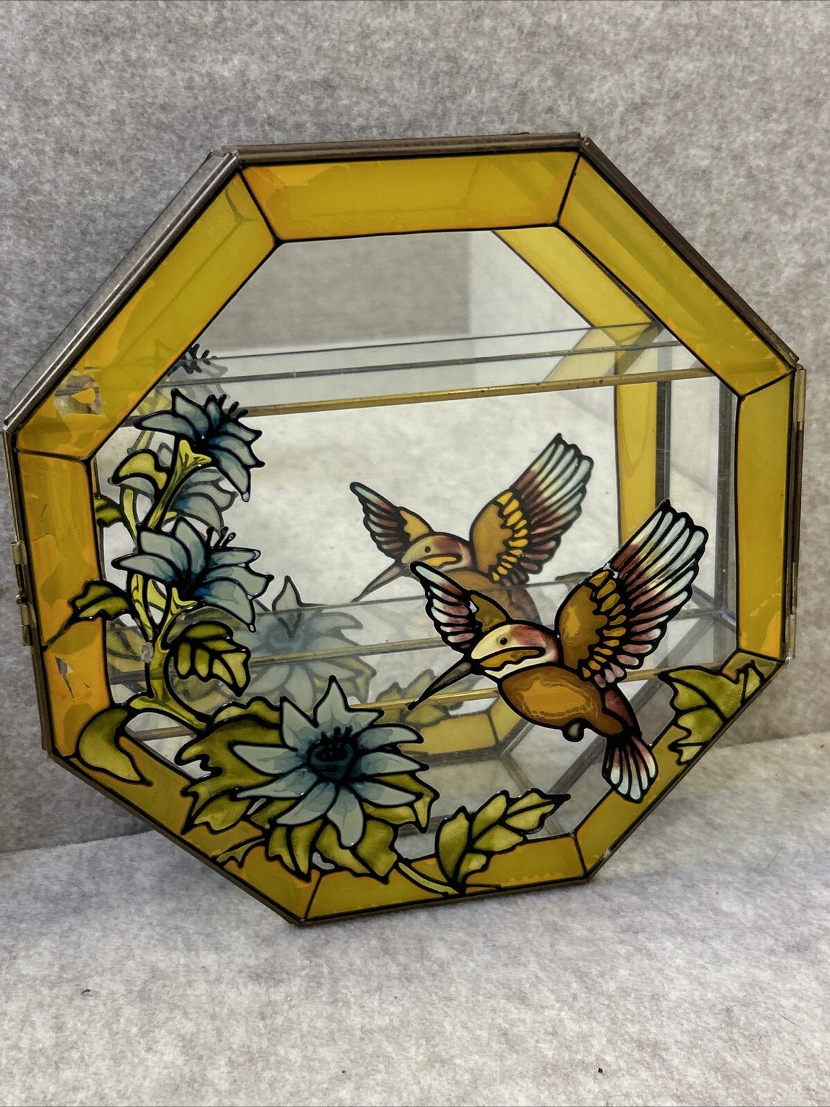 RARE Vintage Stained Glass Painted & Brass Curio Wall Cabinet Mirror 2 Shelves