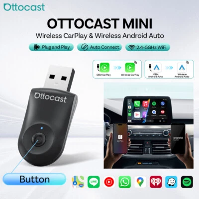 2in1 Ottocast Mini USB Wireless CarPlay+Android Auto Adapter-Smart Button-BT 5.0