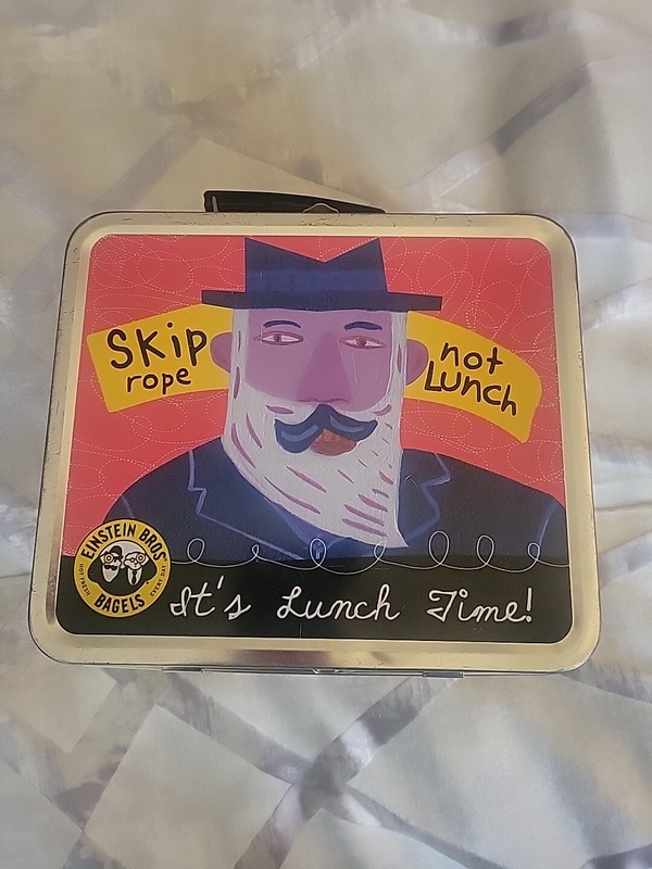Einstein Bros Bagels Metal Tin Lunch Box "Skip Rope Not Lunch" Phrases Fun 2001